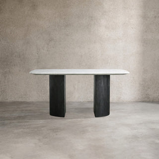 Saint Germain Stone Marble Top Dining Table with Wood Dauphine Base: Modern Natural Dining Room Leisure & Gathering Dining Table