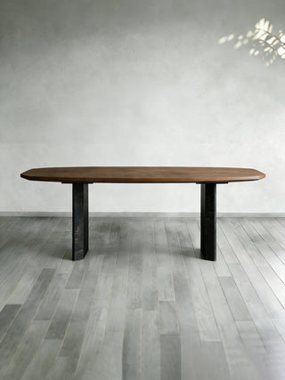 Polanco Wood Dining Table (Oxidized Steel Base): Modern Industrial Dining Room Table