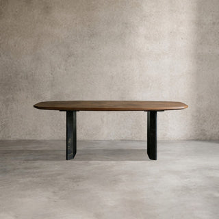 Polanco Wood Dining Table (Oxidized Steel Base): Modern Industrial Dining Room Table