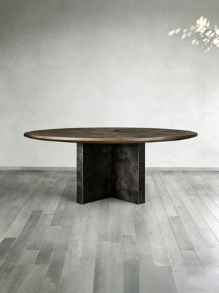Polanco Round Dining Table (Wood Top, Oxidized Steel Base)