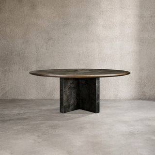 Polanco Round Dining Table (Wood Top, Oxidized Steel Base)