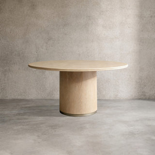 Caden Stone Top Round Dining Table in Walnut or Oak with Sculptural Base