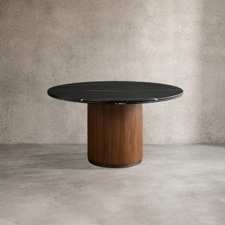 Caden Stone Top Round Dining Table in Walnut or Oak with Sculptural Base