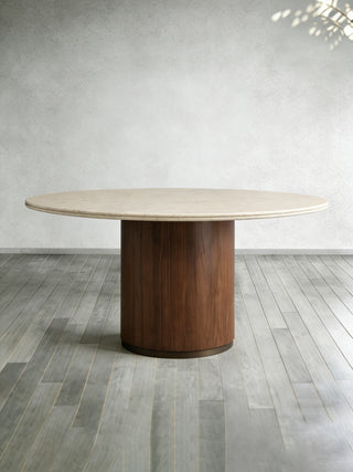Caden Stone Top Round Dining Table in Walnut or Oak with Sculptural Base
