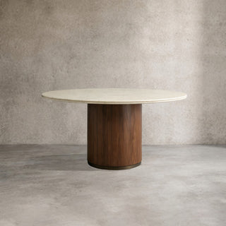 Caden Stone Top Round Dining Table in Walnut or Oak with Sculptural Base