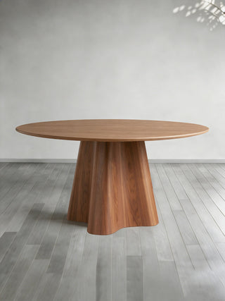 Cortina Round Dining Table (American Walnut, Sculptural Wave Base): Modern Art-Style Dining Room Meal Table