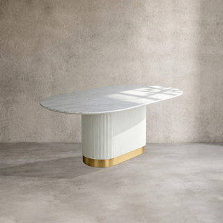 Panoso Carrara Marble Top Dining Table (Wood Reeded Base): Delicate Light Luxury Dining Room Meal Table
