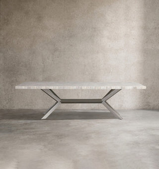 Petra Rectangular Dining Table – Marble & Petrified Wood Top with Iron Base