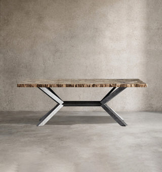 Petra Rectangular Dining Table – Marble & Petrified Wood Top with Iron Base