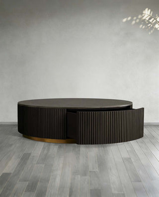Finley Round Storage Coffee Table: Minimalist Fluted Base Storage Coffee Table
