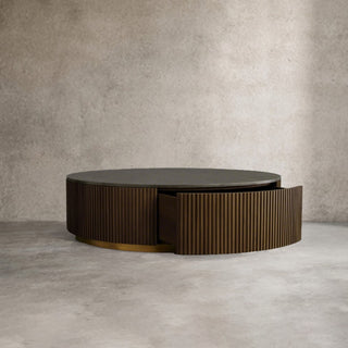 Finley Round Storage Coffee Table: Minimalist Fluted Base Storage Coffee Table