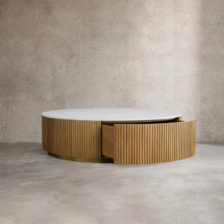Finley Round Storage Coffee Table: Minimalist Fluted Base Storage Coffee Table