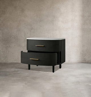 Danny Oak Wood Nightstand | Marble Top 2-Drawer Bedside Chest