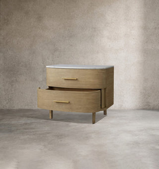 Danny Oak Wood Nightstand | Marble Top 2-Drawer Bedside Chest