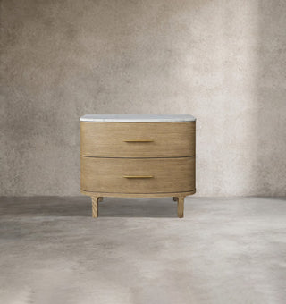 Danny Oak Wood Nightstand | Marble Top 2-Drawer Bedside Chest