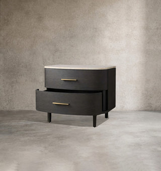 Danny Oak Wood Nightstand | Marble Top 2-Drawer Bedside Chest
