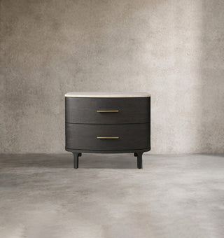 Danny Oak Wood Nightstand | Marble Top 2-Drawer Bedside Chest