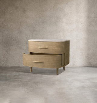 Danny Oak Wood Nightstand | Marble Top 2-Drawer Bedside Chest