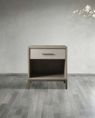 Artisan Wood Nightstand Shagreen Leather Accent – Modern Bedroom Storage Table