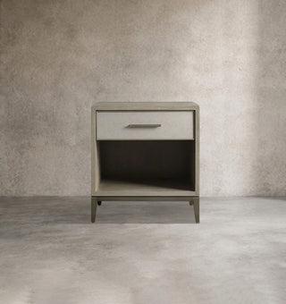 Artisan Wood Nightstand Shagreen Leather Accent – Modern Bedroom Storage Table