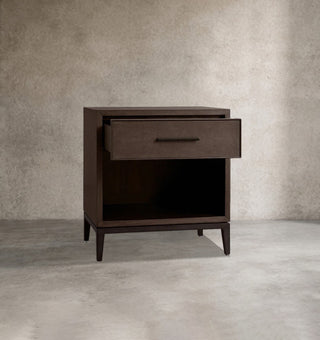 Artisan Wood Nightstand Shagreen Leather Accent – Modern Bedroom Storage Table