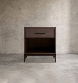 Artisan Wood Nightstand Shagreen Leather Accent – Modern Bedroom Storage Table