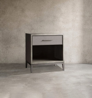 Artisan Wood Nightstand Shagreen Leather Accent – Modern Bedroom Storage Table