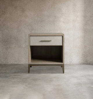 Artisan Wood Nightstand Shagreen Leather Accent – Modern Bedroom Storage Table
