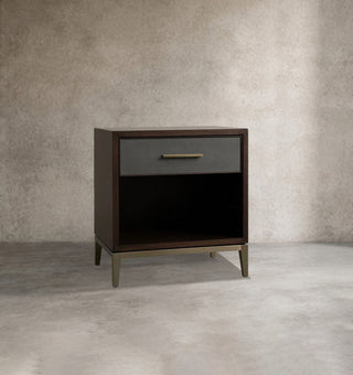 Artisan Wood Nightstand Shagreen Leather Accent – Modern Bedroom Storage Table