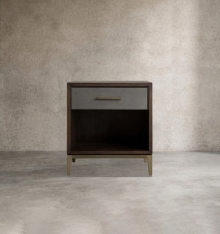 Artisan Wood Nightstand Shagreen Leather Accent – Modern Bedroom Storage Table