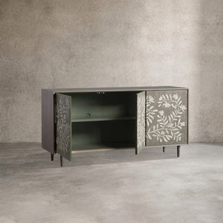 Divya Hand-Inlaid Painted Sideboard – Oak Frame Jasmine Motif Buffet Table for Living Room & Entryways