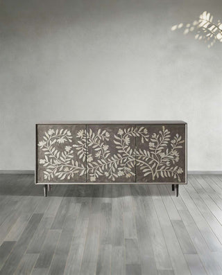 Divya Hand-Inlaid Bone Sideboard - Oak Frame Jasmine Motif Buffet Table for Living Room & Entryways