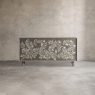 Divya Hand-Inlaid Painted Sideboard – Oak Frame Jasmine Motif Buffet Table for Living Room & Entryways
