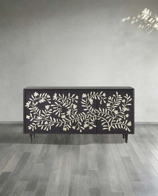 Divya Hand-Inlaid Bone Sideboard - Oak Frame Jasmine Motif Buffet Table for Living Room & Entryways