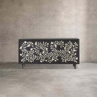 Divya Hand-Inlaid Painted Sideboard – Oak Frame Jasmine Motif Buffet Table for Living Room & Entryways