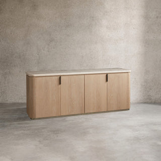 Caden 4-Door Sideboard Walnut Veneer Cream Stone Top Antique Bronze Hardware