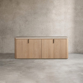 Caden 4-Door Sideboard Walnut Veneer Cream Stone Top Antique Bronze Hardware