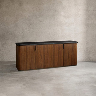 Caden 4-Door Sideboard Walnut Veneer Cream Stone Top Antique Bronze Hardware