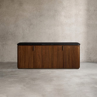 Caden 4-Door Sideboard Walnut Veneer Cream Stone Top Antique Bronze Hardware