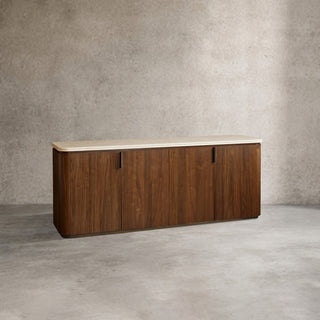 Caden 4-Door Sideboard Walnut Veneer Cream Stone Top Antique Bronze Hardware