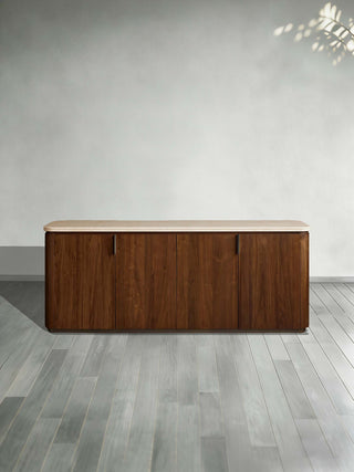 Caden 4-Door Sideboard Walnut Veneer Cream Stone Top Antique Bronze Hardware