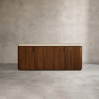 Caden 4-Door Sideboard Walnut Veneer Cream Stone Top Antique Bronze Hardware