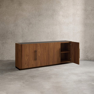 Piermont Sideboard Black Walnut Smoked Glass Top Bronze Plinth Base