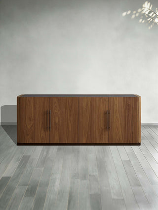 Piermont Sideboard Black Walnut Smoked Glass Top Bronze Plinth Base