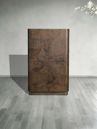 Polanco Cabinet Oyster-Cut Ash Wood Weathered Steel Base 4 Shelves