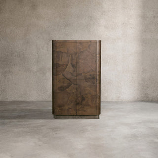 Polanco Cabinet Oyster-Cut Ash Wood Weathered Steel Base 4 Shelves