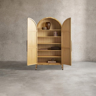 Hattie Burl Tall Wood Storage Cabinet - Mappa Burl Veneer Solid Oak with Adjustable Shelves for Living Room