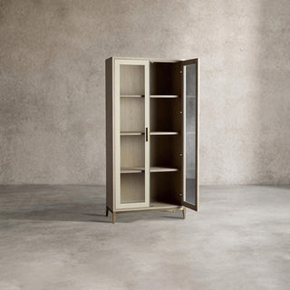 Malone Textured Leather Tall Display Cabinet with Glass Doors