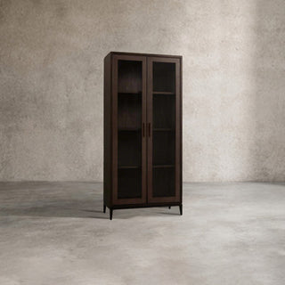 Malone Textured Leather Tall Display Cabinet with Glass Doors