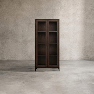 Malone Textured Leather Tall Display Cabinet with Glass Doors